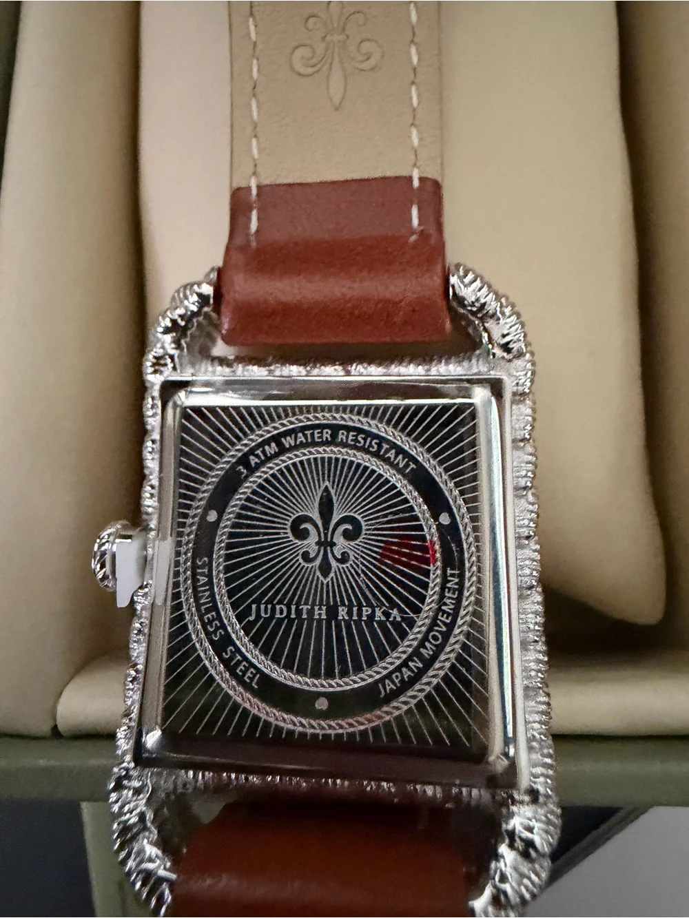 Judith Ripka Brown Leather Double-Wrap Watch with Silver Rope Bezel, NEW in box